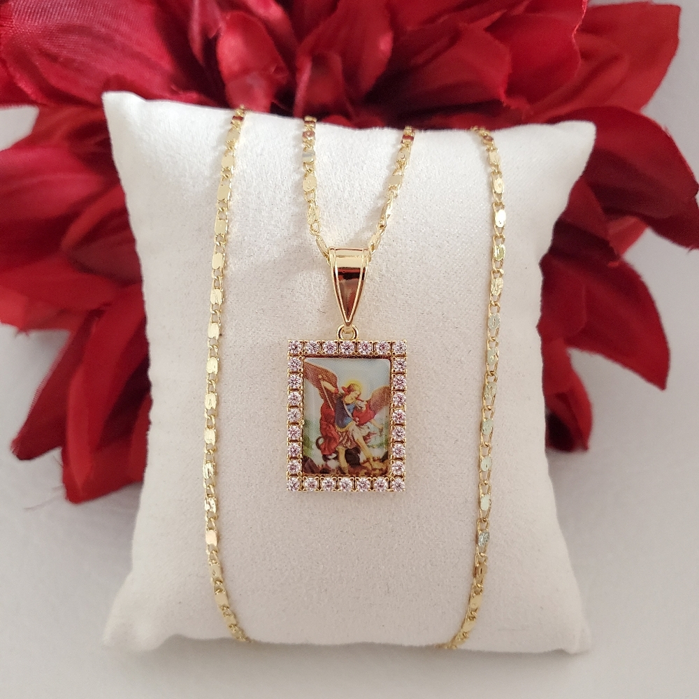 St Miguel Arcangel Square Crystal Gold Plated Necklace